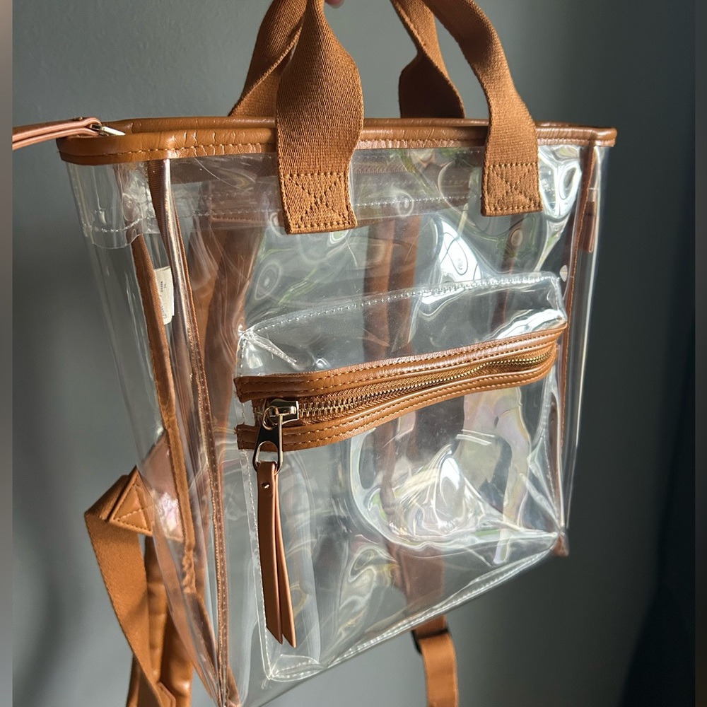 Chestnut Leather Clear Backpack with Adjustable Straps